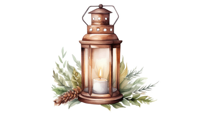 A flashlight with a candle, mistletoe, watercolor, png
