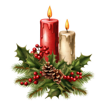 Burning Christmas red candles with holly leaves and berries