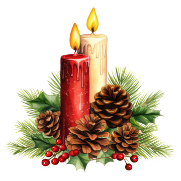 Burning Christmas red candles with holly leaves and cones, png