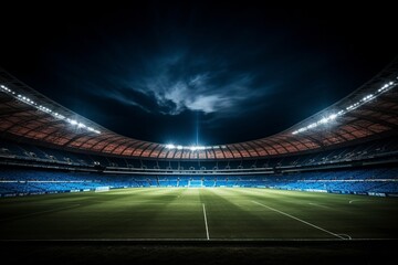 Fototapeta na wymiar Desolate night scene of an empty soccer stadium with a mesmerizingly illuminated professional field