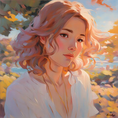 A female portrait painting in the style of soft romantic landscape color palettes 