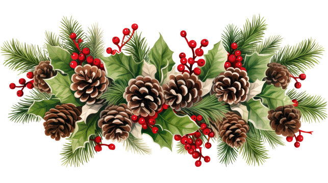 Christmas garland with comes and berries on transparent background, png
