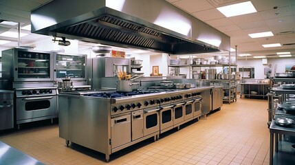 Design of a professional kitchen for a restaurant or cafe. Metal table. Kitchen equipment for catering. Cooking space