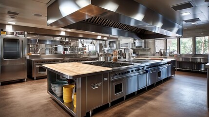 Design of a professional kitchen for a restaurant or cafe. Metal table. Kitchen equipment for catering. Cooking space