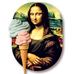 Mona Lisa Eating Ice Cream. Mona Lisa's portrait in a pop art style. Sticker. Logotype.