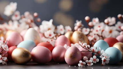 Easter pastel background with Easter eggs and flowers