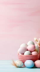 Easter pastel background with Easter eggs and flowers