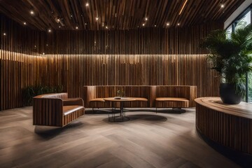 A wooden reception area with comfortable seating.