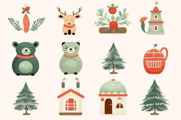 Fototapeta premium Christmas flat icon set with cute bears reindeer and pine trees, festive winter holiday graphic elements, minimal seasonal decorations for web and print design.