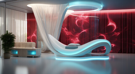 A luxurious futuristic living room with a large window, sofa and neon red light on the wall. Interior design of the future with plant in the pot. Technologies of the future for home made of plastic.