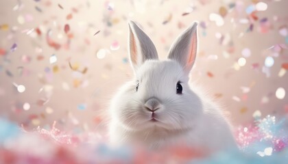 adorable bunny with  defocused confetti in background falling 