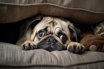 A scared dog hides under the blanket on New Year's Eve. - obrazy, fototapety, plakaty