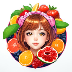 illustration of cute beautiful girl who loves natural nutrition with vegetables and fruits