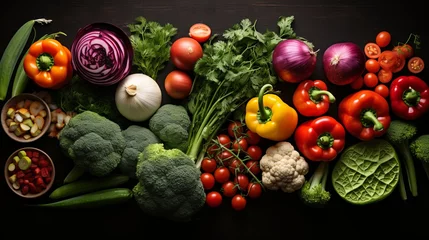 Foto op Plexiglas Ingredients for vegetable salad, diet and healthy food. Low calorie flatlay layout. Illustration © Marynkka_muis