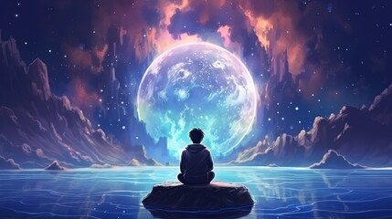 a man looking at Supermoon big full moon at night time, illustration wallpaper, Generative Ai
