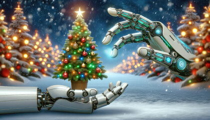 Futuristic Robotic Hand Grasping Festive Christmas Tree, Panoramic Winter Scene - Technology Meets Tradition