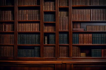 A wooden bookcase in a law firm office.