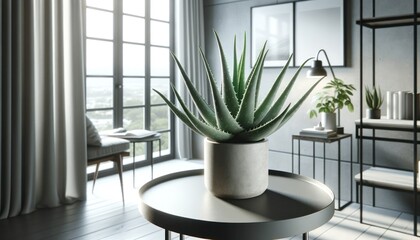 Horizontal professional photo of an Aloe vera plant in a ceramic pot on a sleek side table, airy interior, blurred background.
 - obrazy, fototapety, plakaty