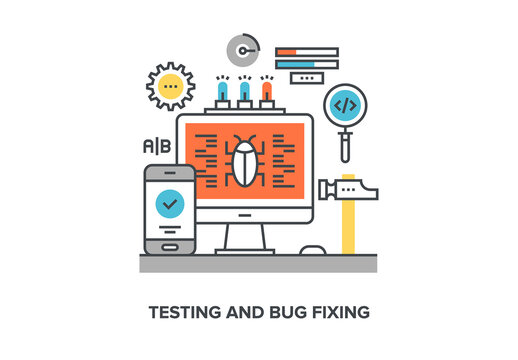 Vector illustration of testing and bug fixing flat line design concept.