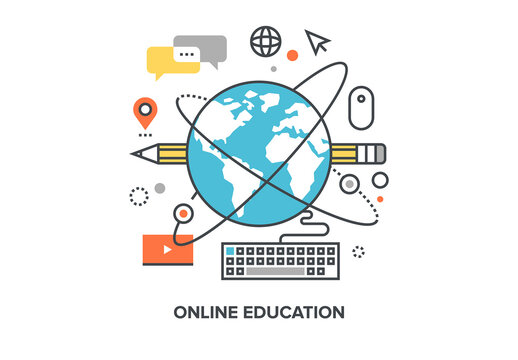 Vector illustration of online education flat line design concept.