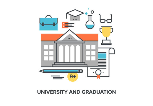 Vector illustration of university and graduation flat line design concept.
