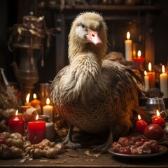 Christmas still life image of a fluffy goose sanding on a dinner table in an ambient room with candles, generative ai 