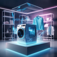 Future laundry room with washing machine and clothes - obrazy, fototapety, plakaty