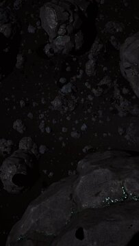 Asteroid belt field in dark outer space. 3D animation close tracking shot. Rock formations of cosmic debris and giant Meteorites. Celestial objects on stars background. Dust nebula haze low light.