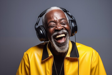 Homme noir senior, souriant, écoutant de la musique au casque avec un blouson jaune et un arrière-plan gris - obrazy, fototapety, plakaty