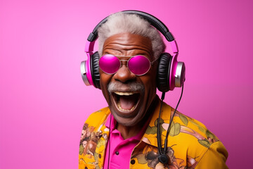 Homme noir senior, souriant, écoutant de la musique au casque avec une chemise colorée et des lunettes et un arrière-plan magenta.