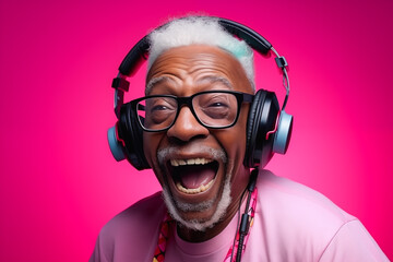 Homme noir senior, souriant, écoutant de la musique au casque avec un t-shirt coloré et un arrière-plan magenta - obrazy, fototapety, plakaty