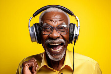 Homme noir senior, souriant, écoutant de la musique au casque avec une chemise colorée et un arrière-plan jaune - obrazy, fototapety, plakaty