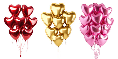 Set of heart balloons for Valentine's Day isolated on transparent background.
