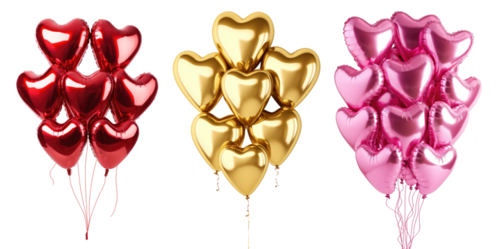 Set of heart balloons for Valentine's Day isolated on transparent background.