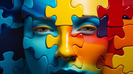 Puzzle concept with a person's head. Style of bright color blocks. photography ::10 , 8k, 8k render 