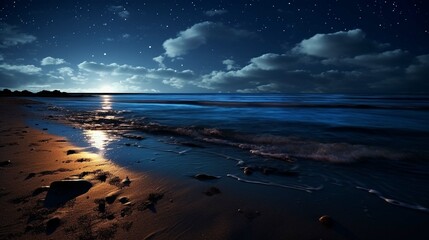 Sea waves rolling onto sandy beach under starry sky at night photography ::10 , 8k, 8k render 