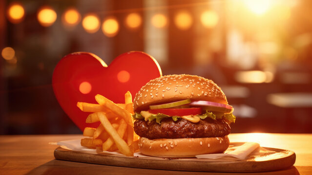 A burger with a heart poster for Valentine's Day.