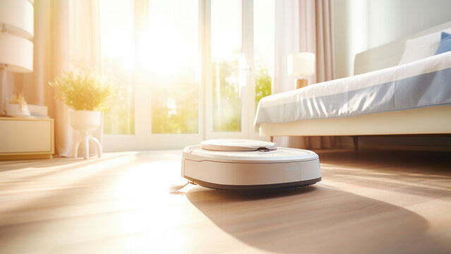 A robotic vacuum cleaner promo poster with copy space.