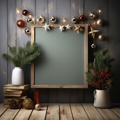 Christmas garland with an empty picture frame, New Year's decor with balls and stars on a gray background. Template with empty space for text and advertising.
