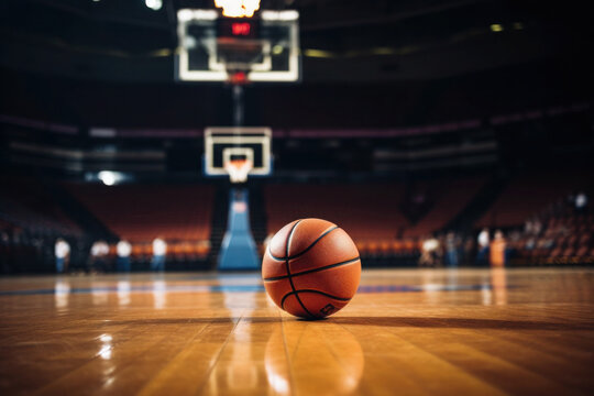 Orange ball on basketball court with stadium as background. Basketball game championship