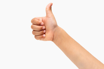 Child hand gesturing thumb up isolated on white background