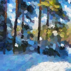 landscape in the style of oil painting: winter sunny forest, green and blue trees close-up, sunlight, a lot of snow
