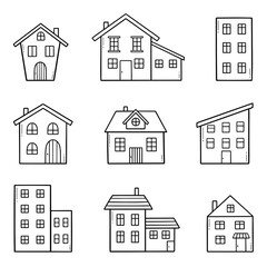 Fototapeta premium House doodle set. City buildings in sketch style. Hand drawn vector illustration isolated on white background