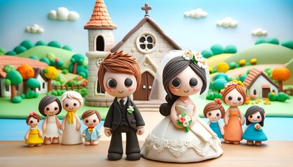 Photo de famille - Mariage d'un couple avec les enfants autour - Chapelle en arrière-plan -  Pâte à modeler - obrazy, fototapety, plakaty
