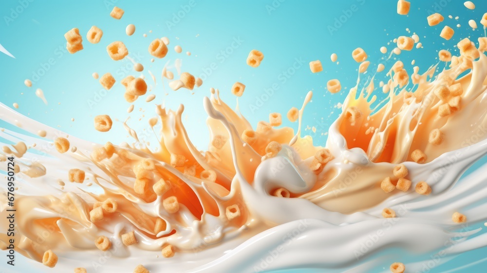 Wall mural cereals breakfast with milk splashes. food background