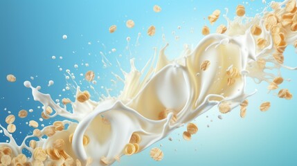 Cereals breakfast with milk splashes. Food background