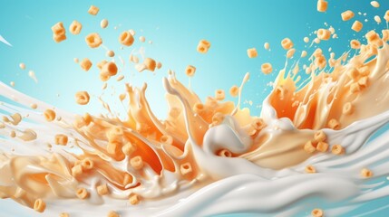 Cereals breakfast with milk splashes. Food background - obrazy, fototapety, plakaty