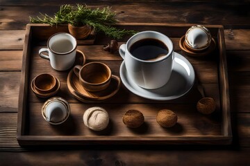 a rustic wooden tray with cups and saucers a cozy, farmhouse-style feel.
