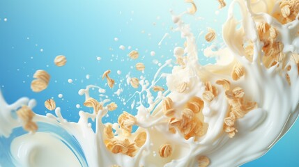 Cereals breakfast with milk splashes. Food background