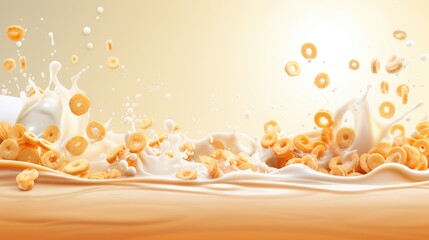 Cereals breakfast with milk splashes. Food background